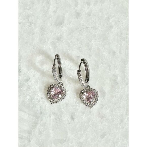 Light pink cubic zirconia, heart shaped dangle earrings ￼ - Picture 5 of 5